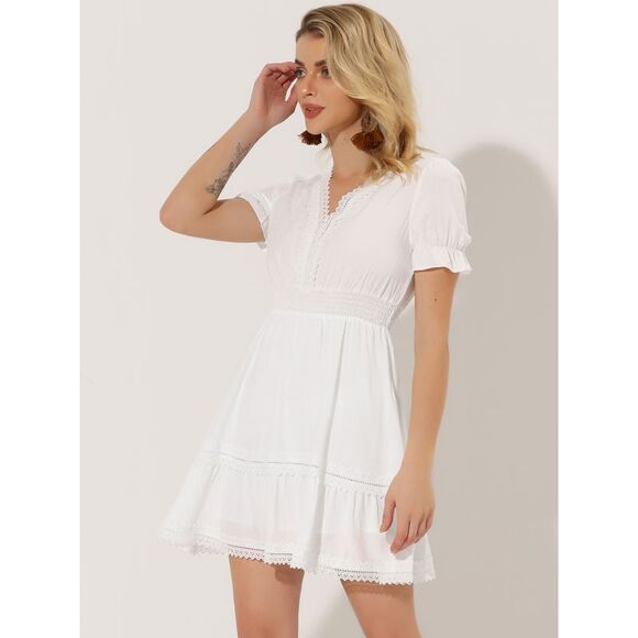 Boho Crochet Trim Puff Sleeve V Neck Smock Waist Ruffle Tier Dress White - Picture 2 of 5